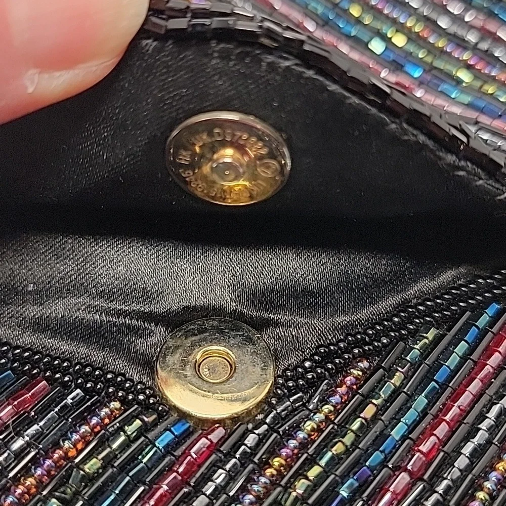 Vintage La Regale Black Multicolor Beaded Envelope Clutch Evening Handbag Purse